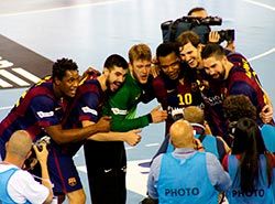 FC Barcelona players celebrating after Champions League victory